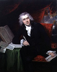 An oil-on-canvas portrait of Wilberforce holding a pen.