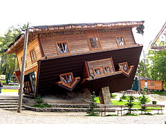 An upside-down house in Szymbark, Poland.