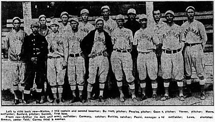 A black and white photo of 15 men standing wearing light baseball uniforms with "Harriman" written on the chest