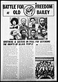 Schwarz-Weiß-Poster mit dem Titel „Battle for Freedom at Old Bailey“. In die Überschrift integriert ist das Logo der Black-Power-Bewegung, eine schwarze Faust. Darunter sind Porträts der Mangrove Nine abgebildet sowie ein Text zum Hintergrund des Gerichtsverfahrens
