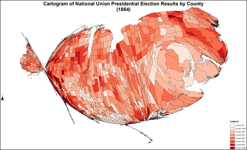 Cartogram of National Union presidential election results by county