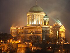 Night view of the Esztergom Basilica (1822-1869) built by four architects, including János Packh and József Hild