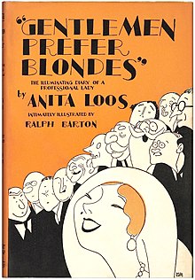 The orange book cover of the 1926 edition featuring a blonde flapper admired by many unattractive men.