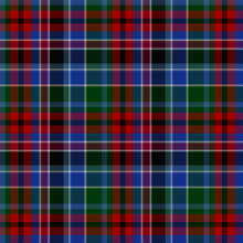 A complex tartan predominantly of red, blues, green, and purple, with white over-checks