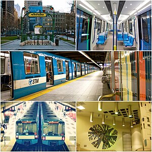 Left to right, from top: Hector Guimard's Paris Métro entrance at Square-Victoria–OACI; interior of the new MPM-10 ("Azur") trains;[1] MR-73 train at Montmorency station; two MR-73 trains at Plamondon station; ceramic mural at Crémazie station