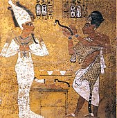 Wall painting from Tutankhamun's tomb depicting Ay performing the Opening of the Mouth ceremony