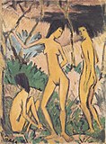 Three Nudes in a Landscape (Drei Akte in Landschaft', 1919, tempera on canvas, Brücke Museum, in Berlin