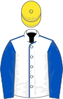 White, royal blue seams and sleeves, yellow cap