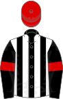 Black and white stripes, black sleeves, red armlets, red cap