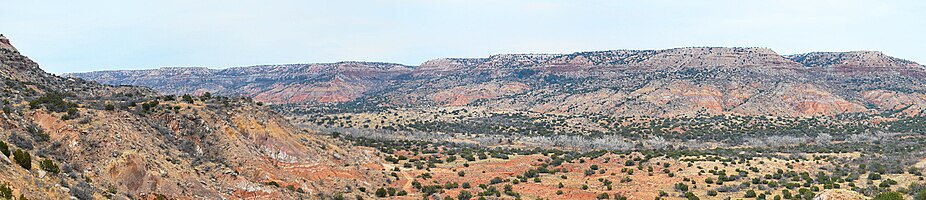 Panoramic view of the Palo Duro Canyon showing the Quartermaster, Tecovas, Trujillo, and Ogallala formations