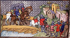 A medieval image of a group of mounted knights crossing a wooden bridge