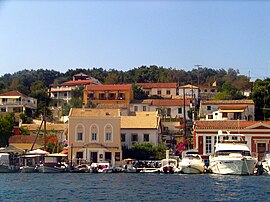 Rows of houses in Gaios, as seen from the strait