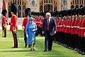U.S. President Donald Trump and Queen Elizabeth II, accompanied by Major Oliver Biggs, reviewing the 1st Battalion, Coldstream Guards at Windsor Castle during Trump's visit to London in July 2018.