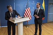 Secretary Blinken with Lithuanian Foreign Minister Gabrielius Landsbergis in Vilnius, Lithuania, March 2022