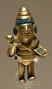 Gold Moche whistle with turquoise depicting a warrior, 1–800 AD Larco Museum, Lima