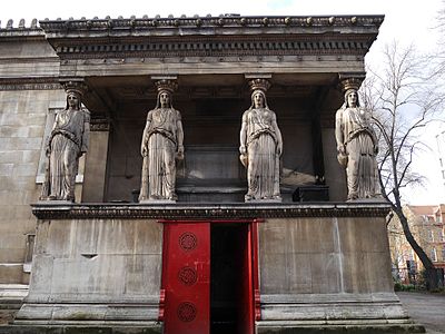 Neoclassical porch with caryatids of the St Pancras New Church, London, almost identical with the Ancient Greek one of the Erechtheum, by William and Henry William Inwood, 1819-1822