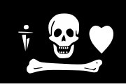 Traditional depiction of Stede Bonnet's flag, though Bonnet was only described in trial documents as having flown a "death's head".[29]