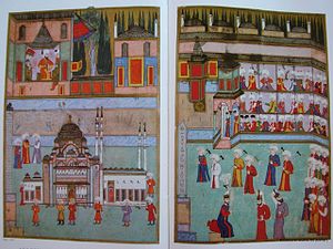 Linkes Bild: Parade der Glasbläser Rechtes Bild: Parade der Architekten aus dem Surname-i Hümayun, ca. 1583–1588