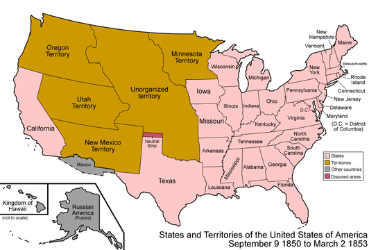 Map of the United States after the creation of the Territory of New Mexico and the Territory of Utah on September 9, 1850