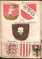 Contemporary coat of arms (upper right) of the Nasrid dynasty of Granada with garbled Arabic inscription (Wernigerode Armorial).