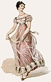 An 1823 fashion plate, showing a Regency era ball gown. An illustration of a young woman dancing in an empire-waist pink dress with a sheer white overskirt.