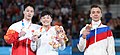Parallel bars victory ceremony (from left to right): Yin Dehang (Silver), Takeru Kitazono (Gold), Sergei Naydin (Bronze; absent during the official ceremony due to an injury)