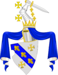 Hrvoje's herceg's coat of arms received with the title fro Ladislav. Vukčić-Hrvatinić noble family members used it after Hrvoje.[1]