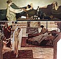 oben: Alma-Tadema – Pompejanische Szene (1868), unten: Klimt – Theater von Taormina (1886–1888, Detail)