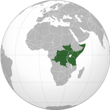 An orthographic map projection of the world, highlighting the East African Community's member states (green)
