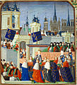 Der Einzug von Elisabeth von Bayern in Paris, Miniatur in Froissarts Chroniken, die Philipp von Mazerolles zugeschrieben werden (um 1470–1472)