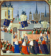 The entry of Isabella of Bavaria into Paris, from a miniature in Froissart's Chronicles, attributed to Philip of Mazerolles (c. 1470-1472)