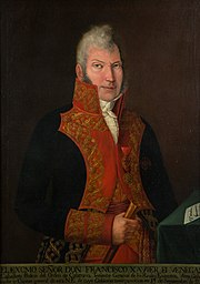 Painting of a gray-haired man in a blue military uniform with red lapels trimmed with gold lace. He looks straight at the viewer and clutches a rolled-up document in his right hand.