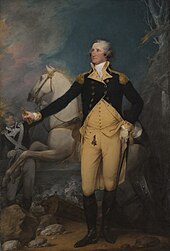 Washington stands in front of a white horse whose reins are held by a soldier. Washington holds a spyglass in his right hand, and his left hand rests on his sword. His uniform is a blue coat over gold waistcoat and pants. In the dark background there are more men in uniform, one of whom is carrying an American flag.