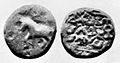 Joint coin of Hagana and Hagamasha. Obv.: Horse to left. Rev. Thunderbolt, legend Khatapāna Hagānasa Hagāmashasa. 1st century BCE.
