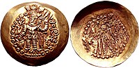 Coin in the name of Kidara, with legend "βαγο Κιδαρο οοζορκο κοþανοþαο" "Kidara, the great Kushanshah". Type 6A-D. Coin type found in Tepe Maranjan, dated to before 388 CE.[8]