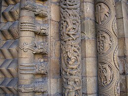 On these mouldings around the portal of Lincoln Cathedral are formal chevron ornament, tongue-poking monsters, vines and figures, and symmetrical motifs.
