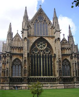 Lincoln Cathedral, England, has the cliff-like, buttressed east end usual in English Gothic churches