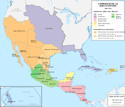 Viceroyalty of New Spain in 1794, with the Captaincy General of Cuba shown in purple