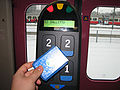Smartcard used for paying for public transport in the Helsinki area; the card is read remotely.