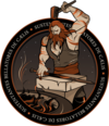 Mission "patch" of NROL-55: a weapon smith (Hephaestus) is forging a sword. "SUSTENTANTES BELLATORES DE CÆLIS" means something like "In sustained support for the warriors, from the sky/or heaven"