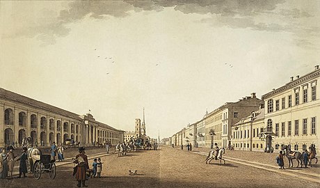 Nevsky Prospect near Gostiny Dvor, 1799. Printmaking (engraving) by Benjamin Patersen.