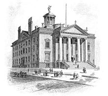 A historical black and white drawing of the old State Capitol building in Albany, New York. The building is imaged from the front right side, showing the 4 pillars making up the entrance along with a smattering of people around the sidewalk in front.