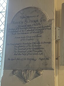 Monument to Rev Roger Altham in St Mary-at-Latton Church