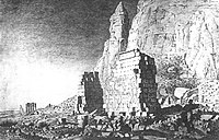 Ruins of Temple B700 of Jebel Barkal with relief of Senkamanisken clubbing enemies, drawn in 1821 by Louis Maurice Adolphe Linant de Bellefonds