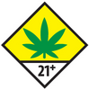 A symbol of a black outlined square diamond with a yellow fill and a green marijuana leaf inside, there is a black border a third of the way down the diamond with a white backgrounded section with "21+" written in black