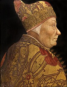 profile bust portrait of elderly, clean-shaven man, dressed in golden clothes and wearing the ducal corno of Venice