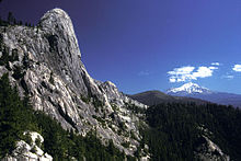 A cliff of gray serrated rock, on the left, towers above a pine forest before the distant form of a snowcapped mountain.