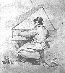 sketch of a man in top hat and overcoat vigorously playing a grand piano