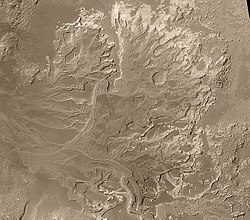 Probable delta in Eberswalde crater that lies to the NE of Holden crater, as seen by Mars Global Surveyor. Image in Margaritifer Sinus quadrangle.