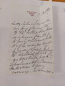 Letter from Lady Millais (Effie Gray) to RS Fittis dated 7 October 1889 in which she purchases his books as prizes for Birnam schoolchildren and expresses an interest in exploring her Gray family history.